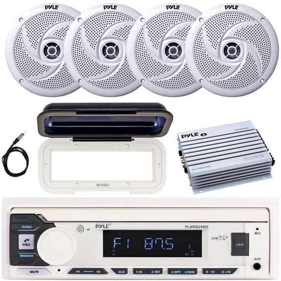 Pyle PLMRB29W2 Single DIN Marine Bluetooth USB/AUX MP3 Player AM/FM Radio In-Dash Stereo White Receiver w/White Cover, 4x 8'' 320W Max Power Low Profile 2-Way Speakers, 4 Channel Amplifier, Antenna
