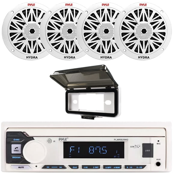 Pyle PLMRB29W2 Single DIN Marine Bluetooth USB/AUX MP3 Player AM/FM Radio In-Dash Stereo White Receiver w/White Cover, 4x Dual 6.5'' 200 Watt Max Power Water Resistant 2-Way Full Range Boat Speakers