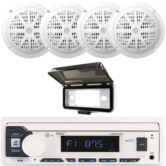 Pyle PLMRB29W2 Single DIN Marine Bluetooth USB/AUX MP3 Player AM/FM Radio In-Dash Stereo White Receiver w/White Cover, 4x Pyle PLMR61W 6.5'' 120 Watt Max Power Dual Cone Boat Audio White Speakers