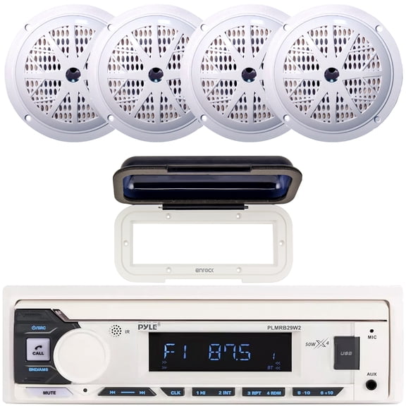 Pyle PLMRB29W2 Single DIN Marine Bluetooth USB/AUX MP3 Player AM/FM Radio In-Dash Stereo White Receiver w/White Radio Shield Cover, 4x Pyle PLMR51W 5.25'' 100 Watt Max Power 2 Way White Boat Speakers