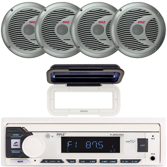 Pyle PLMRB29W2 Single DIN Marine Bluetooth USB/AUX MP3 Player AM/FM Radio In-Dash Stereo White Receiver w/White Radio Shield Cover, 4x Pyle PLMR60S 6.5'' 150 Watt Max Power 2-Way Silver Boat Speakers