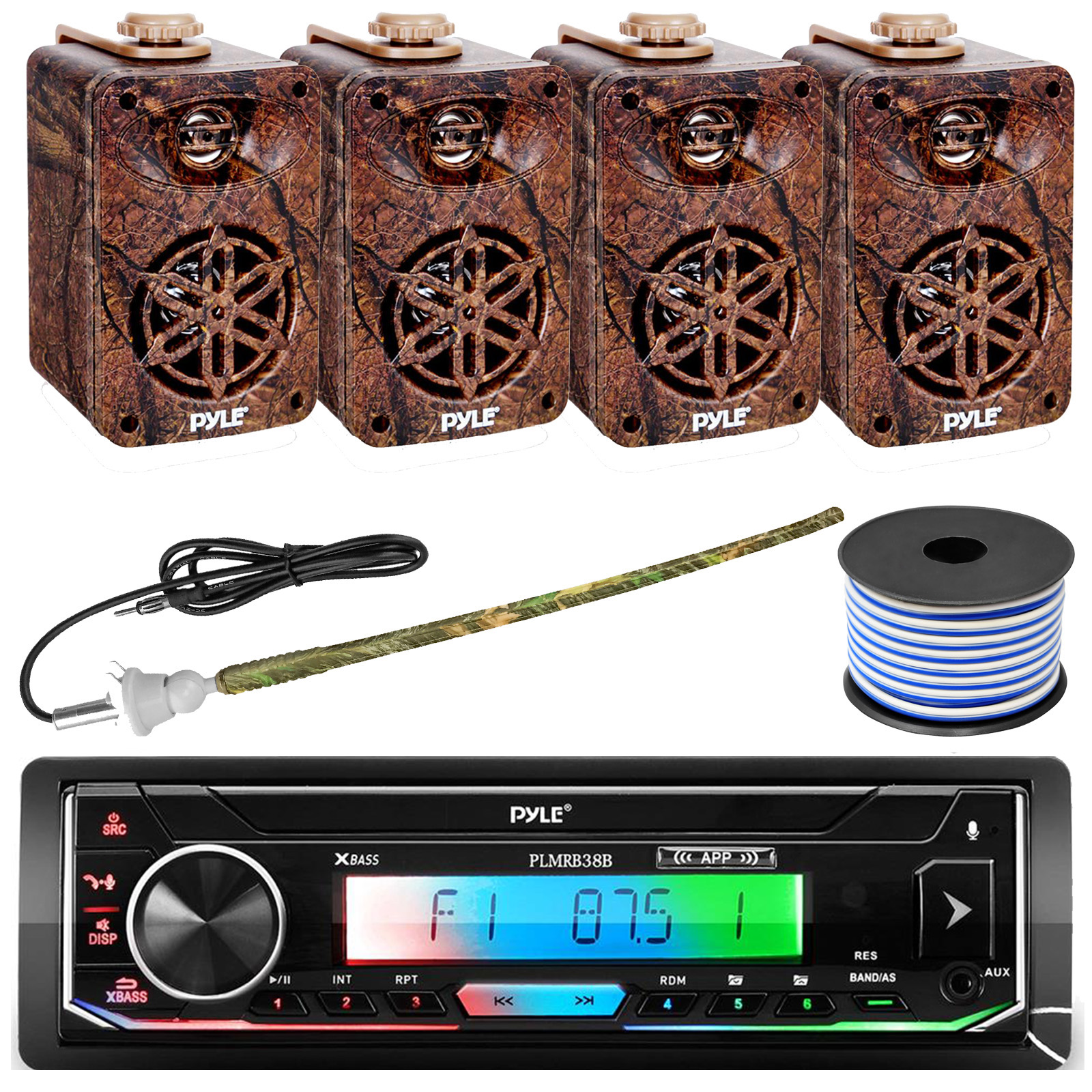 Pyle PLMRB38B Bluetooth MP3 Receiver – Single DIN, With 2x 4" 100W LED Speakers