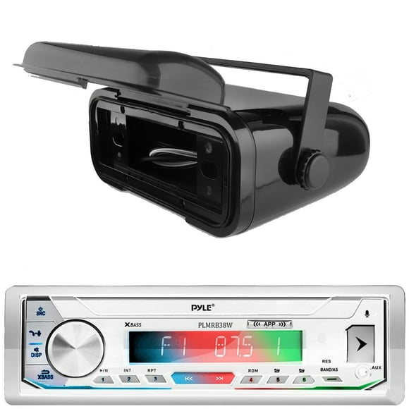 Pyle PLMRB39W LCD Display Single-DIN Marine Bluetooth USB/AUX MP3 Player AM/FM Radio Stereo White Receiver, Pyle PLMRCB3 Stereo Housing w/Full Chassis Wired Casing (Black)