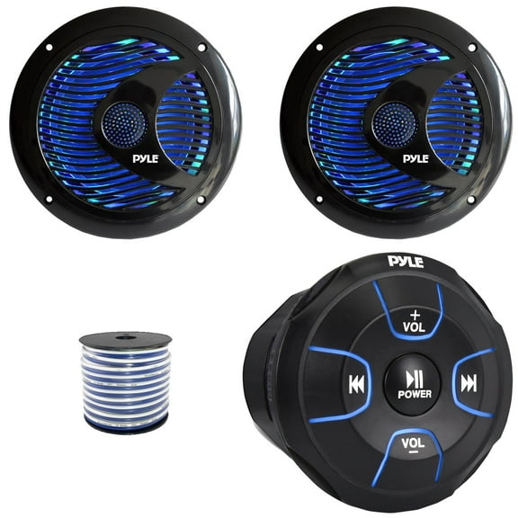 Pyle PLMRBT18 Bluetooth Audio Amplified Marine Waterproof Controller, Pyle PLMR6LEB 6.5'' 150 Watts Max Power Dual Cone RGB LED Black Boat Audio Speakers (1 Pair), 50 Feet 18 Gauge Speaker Wire