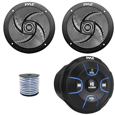 Pyle PLMRBT18 Bluetooth Audio Amplified Marine Waterproof Controller, Pyle PLMRS4B 4" 100 Watts Max Power Low Profile 2-Way Black Boat Speakers (1 Pair), 50 Feet 18 Gauge Speaker Wire