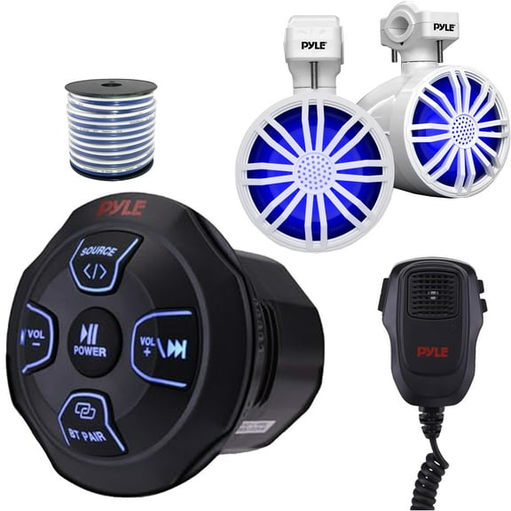 Pyle PLMRBT18MIC Marine Bluetooth AUX Audio Receiver W/2-Channel Wireless BT Receiver & Handheld Broadcasting Mic, 3.5’’ 20W Max Power Off-Road LED White Speakers (1 Pair) W/50 Feet 18G Wire