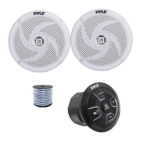 Pyle PLMRBT20 Marine 4-Channel Amplified Wireless Bluetooth Audio Controller, 2x 5.25" 180 Watt Max Power 2-Way Waterproof Low Profile Slim Style Marine Audio Speakers (White) w/Wire