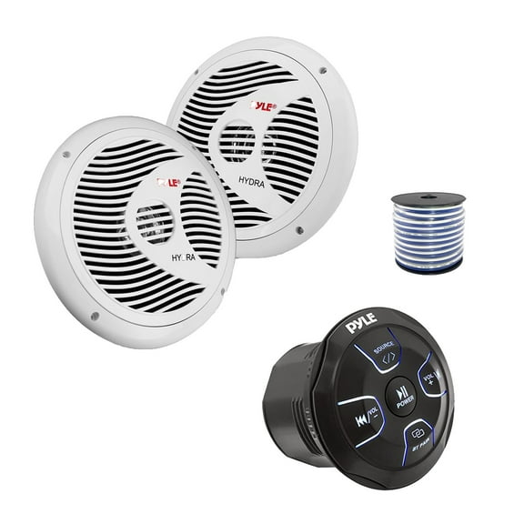Pyle PLMRBT20 Marine 4-Channel Amplified Wireless Bluetooth Audio Controller, 2x 6.5" 150 Watt Max Full Range Dual Cone Waterproof Marine Stereo Speakers (White) w/Wire