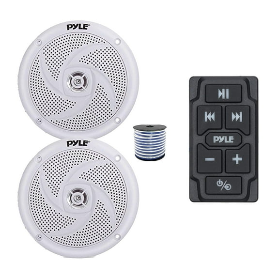 Pyle PLMRBTRK1 Marine Wireless Bluetooth Audio Controller, 2x 4" 100 Watt Max Power Low Profile 2-Way Waterproof Marine Outdoor Speakers (White) w/Wire for Car, Truck, Boat, PowerSport Vehicles