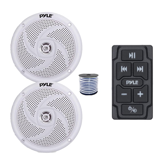 Pyle PLMRBTRK1 Marine Wireless Bluetooth Audio Controller, 2x 5.25" 180 Watt Max Power 2-Way Waterproof Low Profile Slim Style Marine Audio Speakers (White) w/Wire