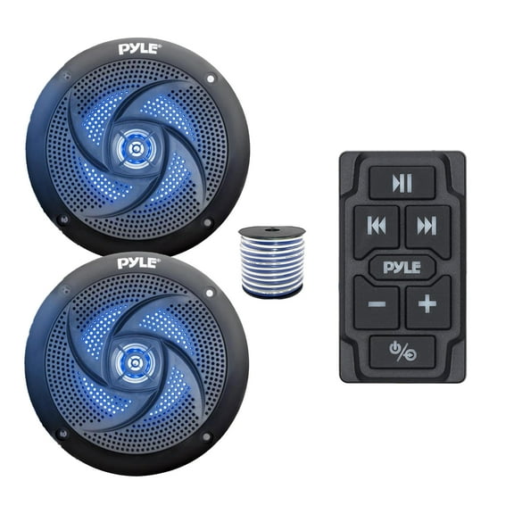 Pyle PLMRBTRK1 Marine Wireless Bluetooth Audio Controller, 2x 5.25" 180 Watt Max Power 2-Way Waterproof Low Profile Slim Style Marine Blue Flashing LED Audio Speakers (Black) w/Wire