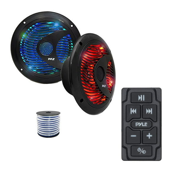 Pyle PLMRBTRK1 Marine Wireless Bluetooth Audio Controller, 2x 6.5'' 150 Watt Max Dual Cone Marine Multicolor LED Outdoor Audio Speakers (Black) w/Wire for Car, Truck, Boat, 4x4, PowerSport Vehicles
