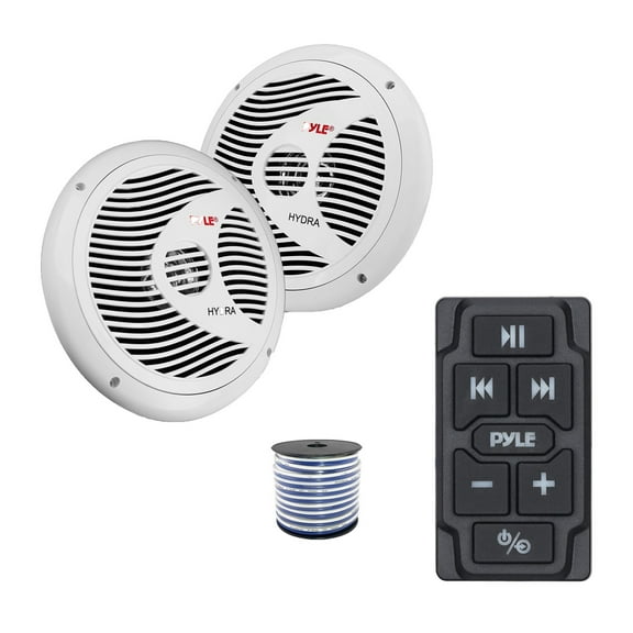 Pyle PLMRBTRK1 Marine Wireless Bluetooth Audio Controller, 2x 6.5" 150 Watt Max Full Range Dual Cone Waterproof Marine Stereo Speakers (White) w/Wire for Car, Truck, Boat, 4x4, PowerSport Vehicles