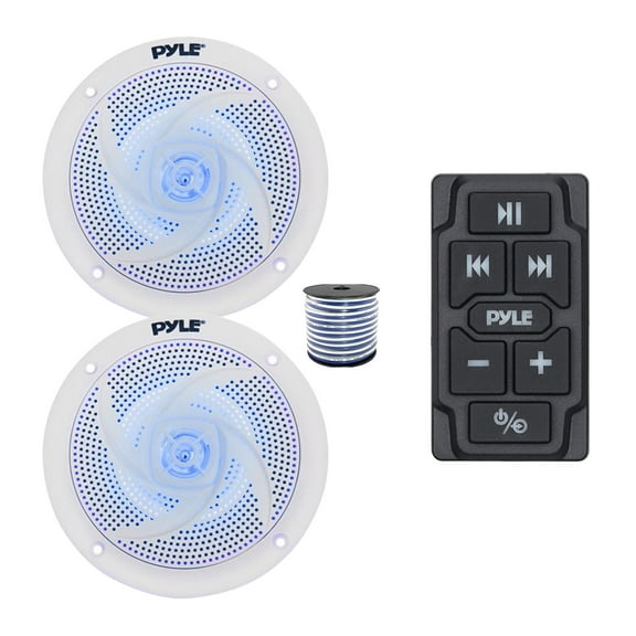 Pyle PLMRBTRK1 Marine Wireless Bluetooth Audio Controller, 2x 6.5" 240 Watt Max Power Marine Low Profile 2-Way Blue Flashing LED Speakers (White) w/Wire for Car, Truck, Boat, PowerSport Vehicles