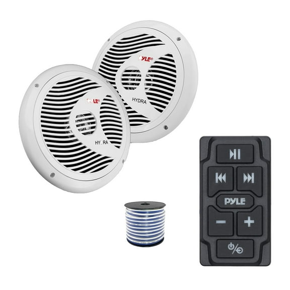 Pyle PLMRBTRK1 Marine Wireless Bluetooth Audio Controller, 2x 8'' 180 Watt Waterproof Marine Full Range Stereo Speakers (White) w/Wire for Car, Truck, Boat, 4x4, PowerSport Vehicles