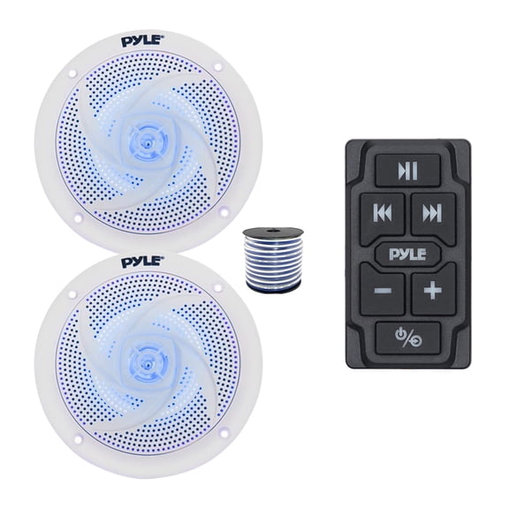 Pyle PLMRBTRK1 Marine Wireless Bluetooth Audio Controller, 2x 8'' 320 Watt Max Power Marine Low Profile 2-Way Blue Flashing LED Speakers (White) w/Wire for Car, Truck, Boat, PowerSport Vehicles
