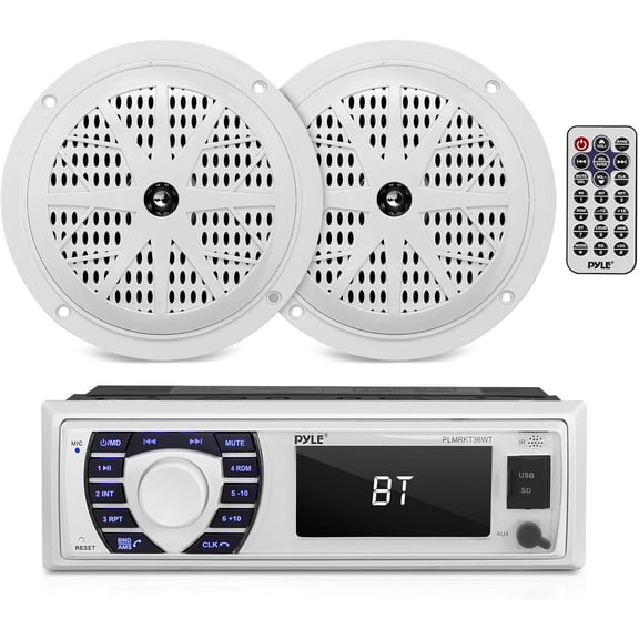 Pyle PLMRKT36WT 5.25 Inch Bluetooth Marine Stereo Receiver & Speaker Kit, White