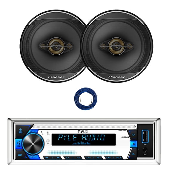 Pyle PLMRL50WB Single DIN Bluetooth Marine MP3 Stereo Receiver, Remote Control, 2x 6.5" 350 Watt 4-Way Car Audio Speakers with Wire