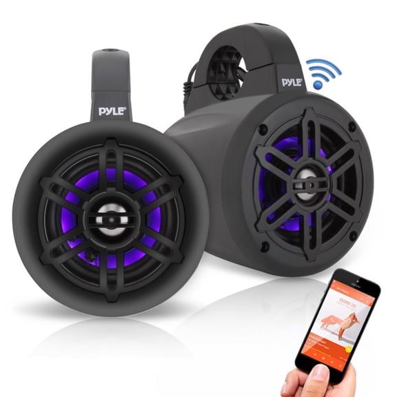 Pyle PLMRLEWB47BB - Waterproof Rated Marine Tower Speakers - Wakeboard Subwoofer Speaker System with Wire-less Music Streaming & LED Lights (4-inch, 300 Watt)
