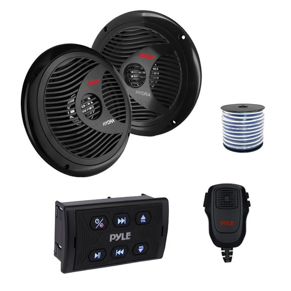 Pyle PLMRSQMIC Marine Wireless Bluetooth Controller w/Handheld Mic, 2x 8'' 180 Watt Waterproof Marine Full Range Stereo Speakers (Black) w/Wire for Car, Truck, Boat, PowerSport Vehicles