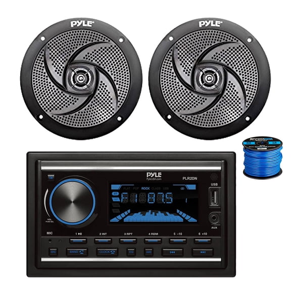Pyle PLR2DN Double DIN AM/FM/MP3 Bluetooth Marine Stereo Receiver, 2x 5.25" 180 Watt 2-Way Slim Low Profile Audio Speakers (Black) w/ Wire