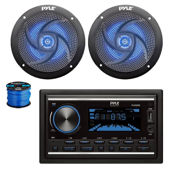 Pyle PLR2DN Double DIN AM/FM/MP3 Bluetooth Marine Stereo Receiver, 2x 5.25" 180 Watt 2-Way Slim Low Profile Blue Flashing LED Audio Speakers (Black) w/ Wire