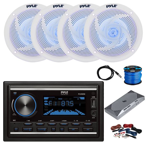 Pyle PLR2DN Double DIN AM/FM/MP3 Bluetooth Marine Stereo Receiver, 4-Channel Amplifier w/ Kit, 4X 5.25" 180 Watt 2-Way Slim Low Profile Blue Flashing LED Audio Speakers (White) w/ Wire, Antenna