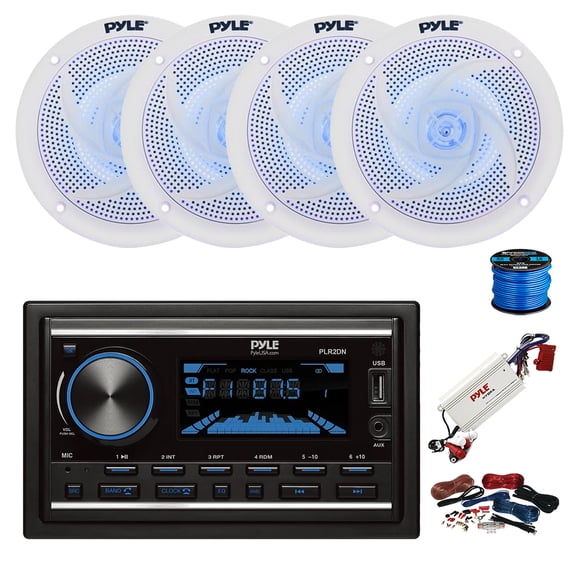 Pyle PLR2DN Double DIN AM/FM/MP3 Bluetooth Marine Stereo Receiver, 4-Channel Bluetooth Amplifier w/ Kit, 4X 6.5" 240 Watt 2-Way Slim Low Profile Blue Flashing LED Audio Speakers (White) w/ Wire