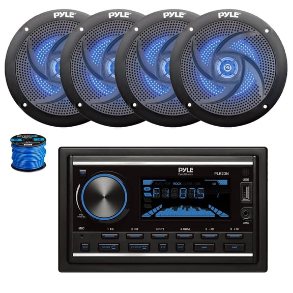 Pyle PLR2DN Double DIN AM/FM/MP3 Bluetooth Marine Stereo Receiver, 4X 5.25" 180 Watt 2-Way Slim Low Profile Blue Flashing LED Audio Speakers (Black) w/ Wire