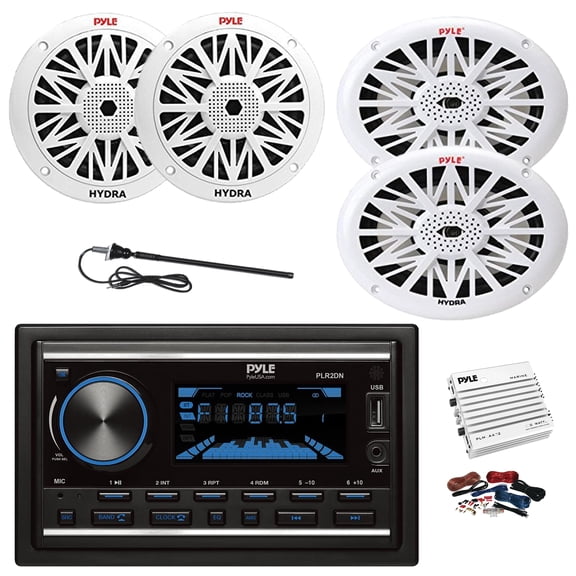 Pyle PLR2DN Double DIN AM/FM/MP3/USB/AUX Bluetooth Car Receiver, 4-Channel Amplifier w/Kit, 2x 6.5" 200W Full Range 2-Way Waterproof Speakers, 2x 6x9" 260W 2-Way Outdoor Speakers, Radio Antenna