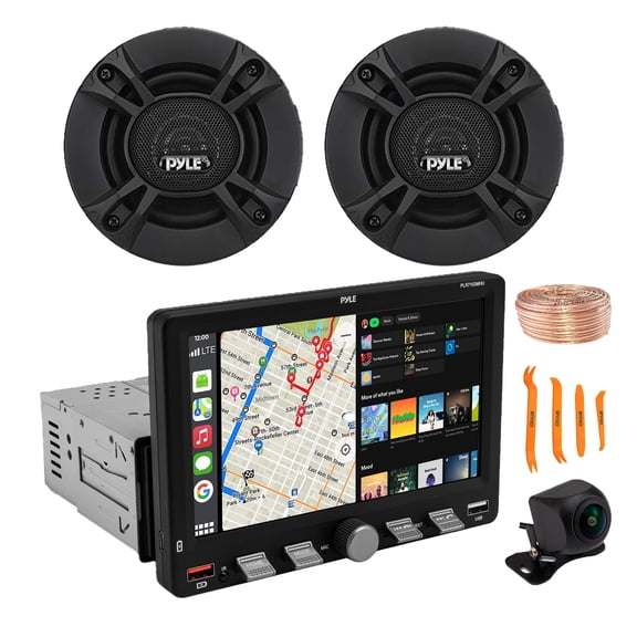 Pyle PLR7103MHU 7" Touchscreen Single Din Bluetooth AM/FM Stereo Receiver, Night Vision Backup Camera, 2x 4'' 240W 2-Way Audio Speakers, Wire, Pry Tool