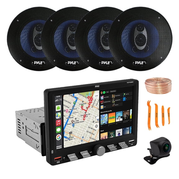 Pyle PLR7103MHU 7" Touchscreen Single Din Bluetooth AM/FM Stereo Receiver, Night Vision Backup Camera, 4x 5.25'' 200W 3-Way Audio Speakers, Wire, Pry Tool