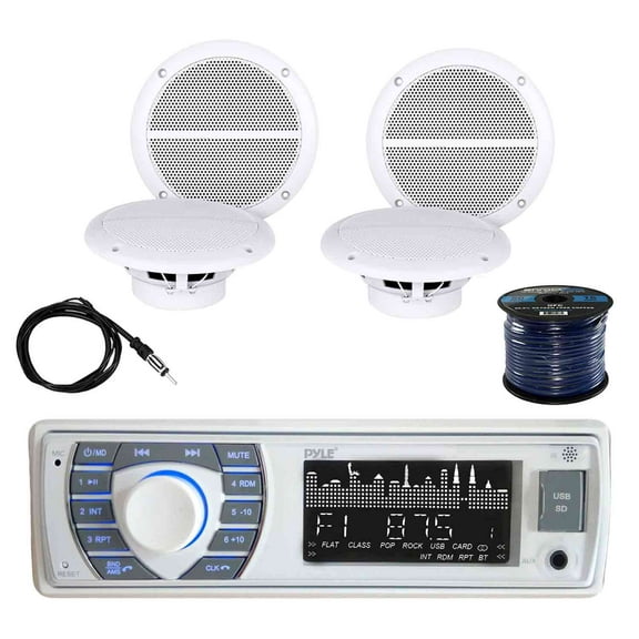 Pyle PLRMR23BTW BT Marine Receiver Stereo(White) with Enrock Marine EM602W Dual 6.5" Weather Resistant Marine Speakers 60W (2-Pairs), Enrock EKMR2 Marine Antenna & Enrock Marine 50' 16G SPKR Wire