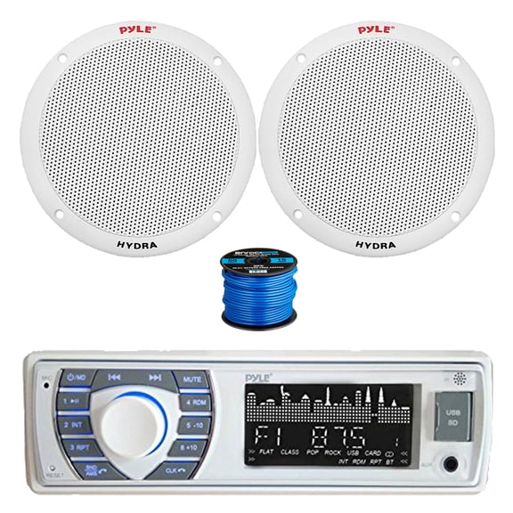 Pyle PLRMR23BTW Single DIN Bluetooth Marine MP3 AM/FM Stereo Receiver, 2x 6.5" 400 Watt 2-Way Dual Cone Full Range Audio Speakers (White) w/ Wire