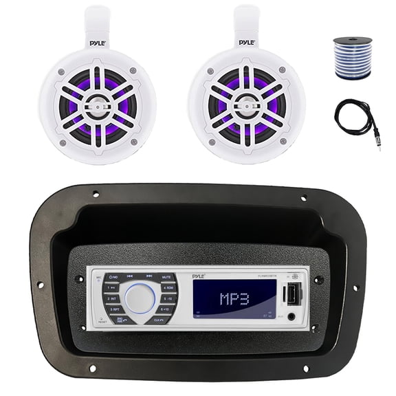 Pyle PLRMR23BTW Single DIN Bluetooth Marine MP3 Stereo Receiver, Spa bezel, Adapter Plate, 22" Radio Antenna, Wire, 2x 4" 300W Max Bluetooth Waterproof Wakeboard LED Tower Speakers (White)