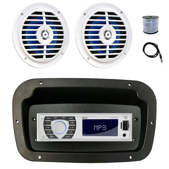 Pyle PLRMR23BTW Single DIN Bluetooth Marine MP3 Stereo Receiver, Spa bezel, Adapter Plate, 22" Radio Antenna, Wire, 2x 5.25'' 100 Watt Peak Full Range Dual Cone Waterproof Stereo Speakers (White)