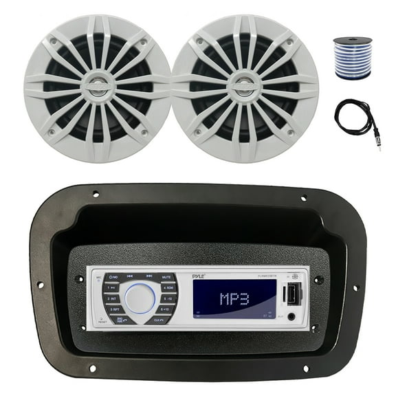 Pyle PLRMR23BTW Single DIN Bluetooth Marine MP3 Stereo Receiver, Spa bezel, Adapter Plate, 22" Radio Antenna, Wire, 2x 6.5" 180 Watt Max Power 2-Way Water Resistant Audio Speakers (White)