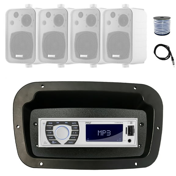 Pyle PLRMR23BTW Single DIN Bluetooth Marine MP3 Stereo Receiver, Spa bezel, Adapter Plate, 22" Radio Antenna, Wire, 4x 4" 30 Watt Peak Water-Resistant 3-Way InDoor/OutDoor Audio Speakers (White)
