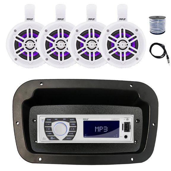Pyle PLRMR23BTW Single DIN Bluetooth Marine MP3 Stereo Receiver, Spa bezel, Adapter Plate, 22" Radio Antenna, Wire, 4x 4" 300W Max Bluetooth Waterproof Wakeboard LED Tower Speakers (White)