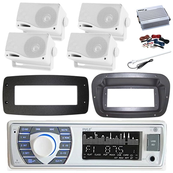 Pyle PLRMR23BTW Single DIN Bluetooth Marine MP3 Stereo Receiver, Spa bezel, Adapter Plate, Long Range Antenna, Amplifier w/Kit, 4x 3.5'' 200 Watt Max 3-Way Indoor/Outdoor Wall Mount Speaker (White)