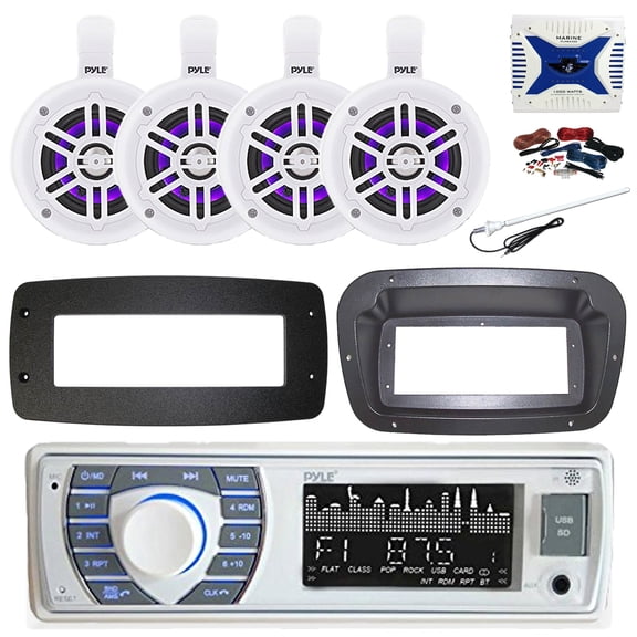 Pyle PLRMR23BTW Single DIN Bluetooth Marine MP3 Stereo Receiver, Spa bezel, Adapter Plate, Long Range Antenna, Amplifier w/Kit, 4x 4" 300W Bluetooth Waterproof Wakeboard LED Tower Speakers (White)