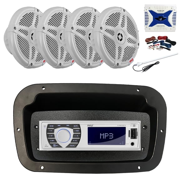 Pyle PLRMR23BTW Single DIN Bluetooth Marine MP3 Stereo Receiver, Spa bezel, Adapter Plate, Long Range Antenna, Amplifier w/Kit, 4x 6.5" 600W 2-Way Waterproof Wireless RF Streaming Speakers (White)