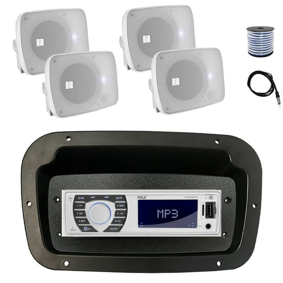 Pyle PLRMR23BTW Single DIN Bluetooth Marine MP3 Stereo Receiver, Spa bezel, Adapter Plate, Radio Antenna, Wire, 4x 5.25" 600 Watt Max Power Bluetooth Indoor/Outdoor Waterproof Audio Speakers (White)