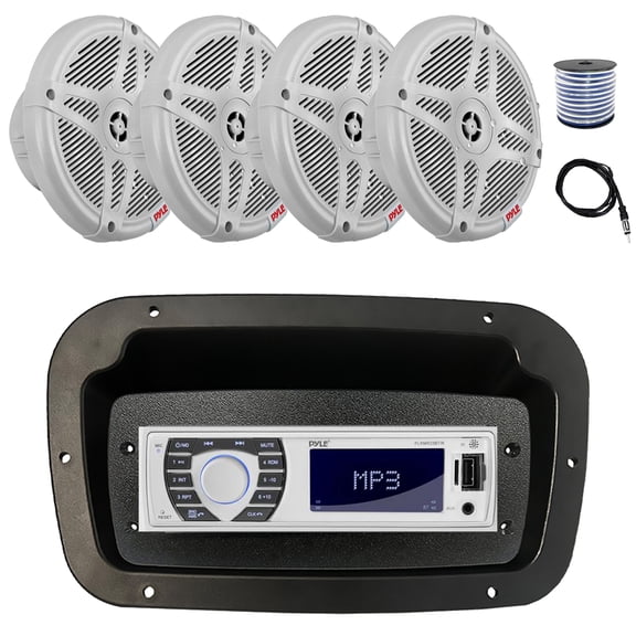 Pyle PLRMR23BTW Single DIN Bluetooth Marine MP3 Stereo Receiver, Spa bezel, Adapter Plate, Radio Antenna, Wire, 4x 6.5" 600 Watt Max 2-Way Full Range Waterproof Wireless RF Streaming Speakers (White)