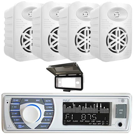 Pyle PLRMR23BTW Single DIN Marine Bluetooth USB/AUX MP3 Player AM/FM Radio In-Dash Stereo Receiver W/White Cover, 4x Pyle PDWRBT46WT 4” 300 Watts Max Power 2-Way Indoor/Outdoor White Speakers