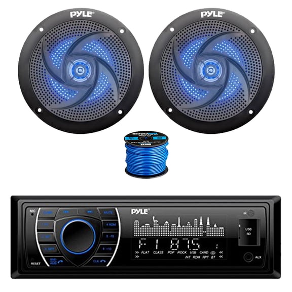Pyle PLRMR27BTB Bluetooth Marine AM/FM Stereo Receiver, 2x 5.25" 180 Watt 2-Way Slim Low Profile Blue Flashing LED Audio Speakers (Black) w/ Wire