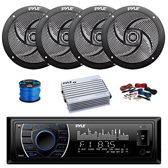 Pyle PLRMR27BTB Bluetooth Marine AM/FM Stereo Receiver, 4-Channel Amplifier w/Install Kit, 4X 5.25" 180 Watt 2-Way Slim Low Profile Audio Speakers (Black) w/ Wire