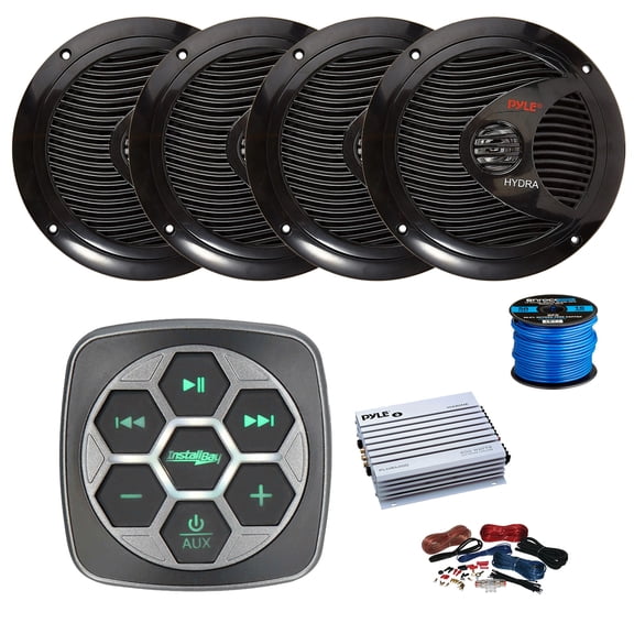 Pyle PLRMR27BTB Bluetooth Marine AM/FM Stereo Receiver, 4-Channel Amplifier w/Install Kit, 4X 6.5" 150 Watt 2-Way Dual Cone Full Range Audio Speakers (Black) w/ Wire