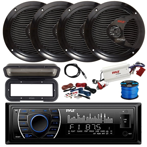 Pyle PLRMR27BTB Bluetooth Marine AM/FM Stereo Receiver, 4-Channel Bluetooth Amplifier w/Install Kit, 4X 6.5" 150 Watt 2-Way Dual Cone Full Range Audio Speakers (Black) w/ Wire, Radio Cover, Antenna