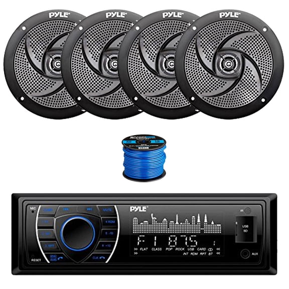 Pyle PLRMR27BTB Bluetooth Marine AM/FM Stereo Receiver, 4X 5.25" 180 Watt 2-Way Slim Low Profile Audio Speakers (Black) w/ Wire